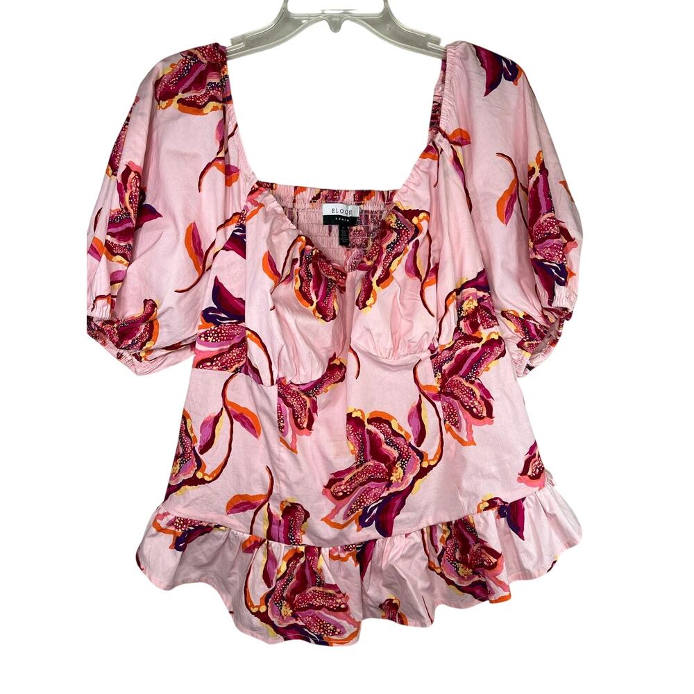 Eloquii Elements pink floral top with puff sleeves, back ruching, size 18